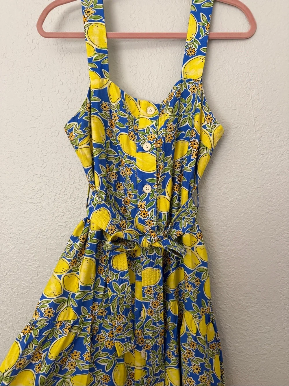 NWOT Yellow & Blue Lemon-Print Midi Dress with Tie Waist - Picture 1 of 16
